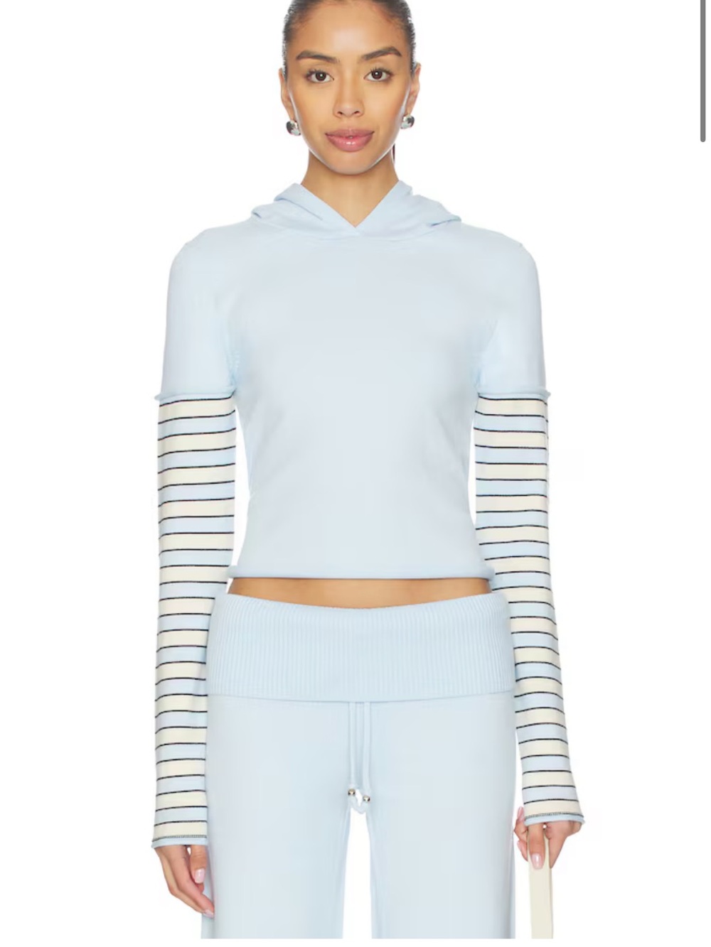 Frankie's Bikinis Light Blue Hoodie with Striped Sleeve Details